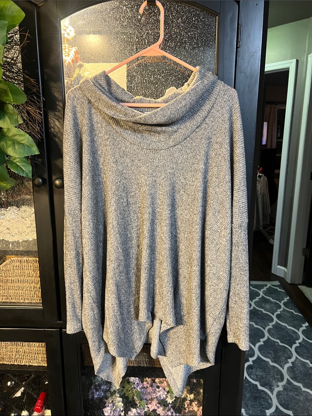 Cozy Cowl Neck Women's Sweater - Gray with asymmetrical handkerchief hemline